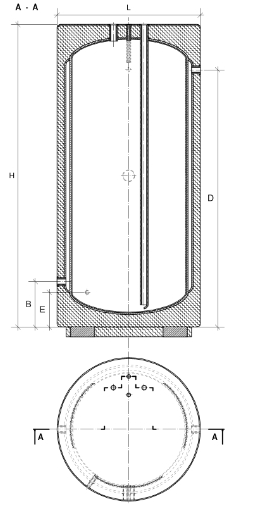 Rysunek techniczny pionowego podgrzewacza wody Ermet dwupłaszczowego